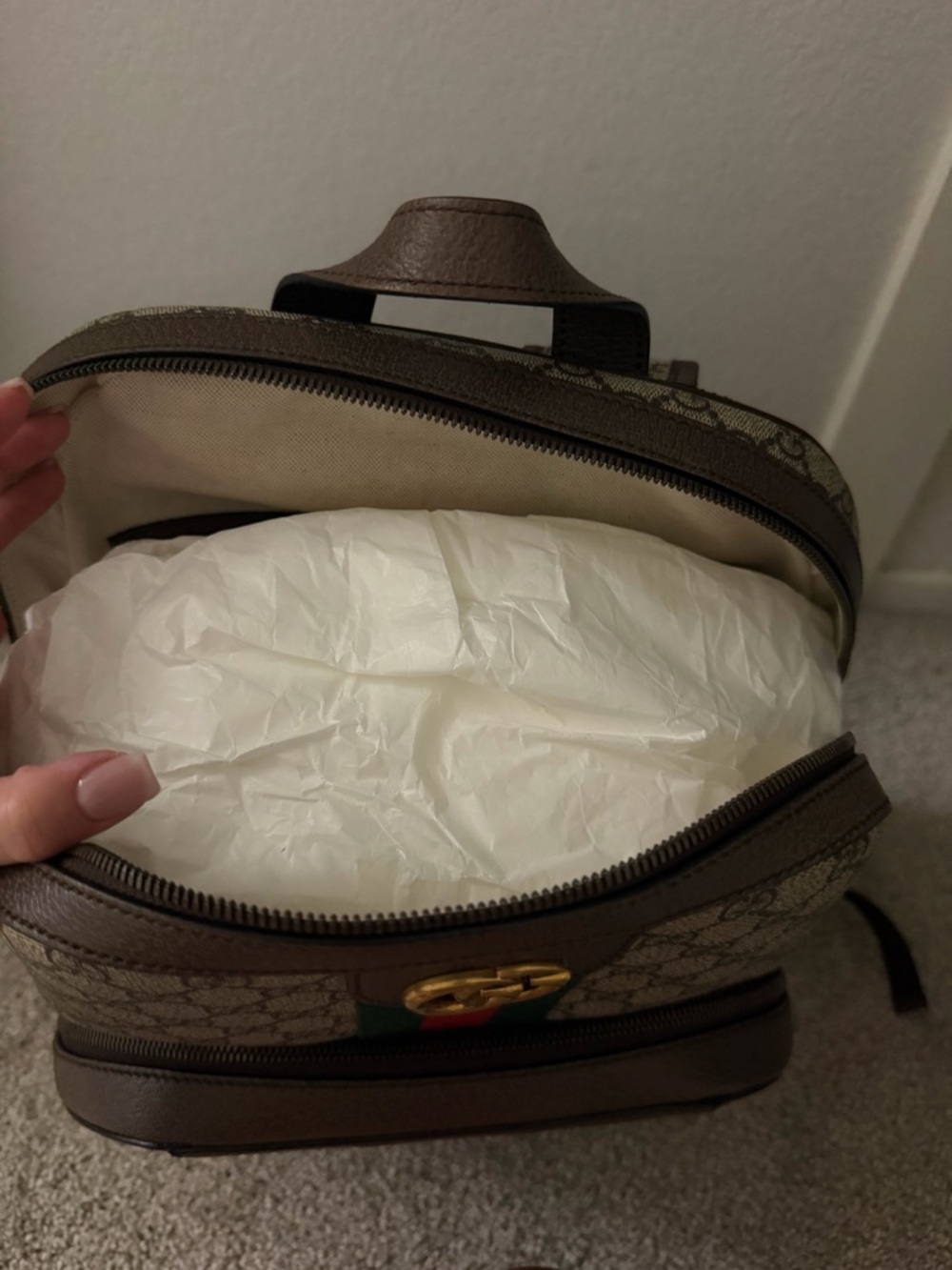 Gucci Beige GG Supreme Canvas Backpack with Red & Green Web and Brown Trim - Picture 6 of 11